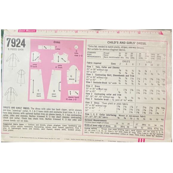 Vtg Simplicity 7924 Dress Pattern 8 Girl 1968 Variation Back Zip Collar Button - Picture 5 of 6